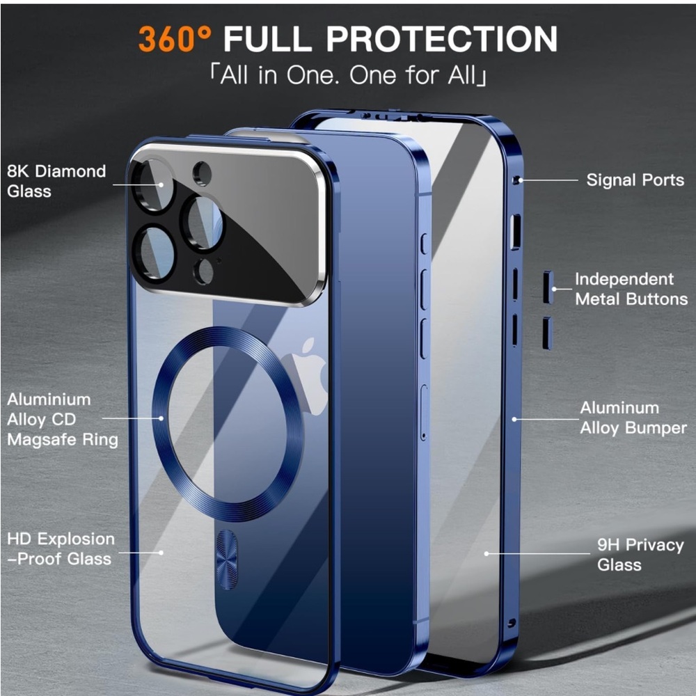 NWOT iPhone 15 Pro Cell Phone Case - 360 degree protection, Blue Titanium